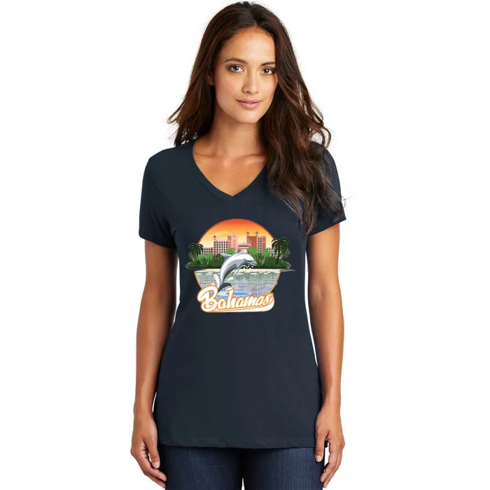 Bahamas With A Playing Dolphin And Hotels Women's V-Neck T-Shirt