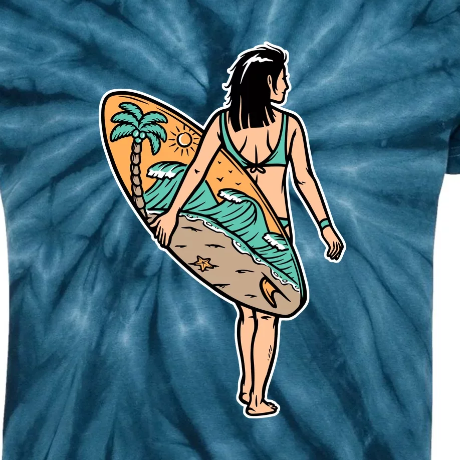 Beautiful Woman And Surfboard Holiday Gift Surf Kids Tie-Dye T-Shirt