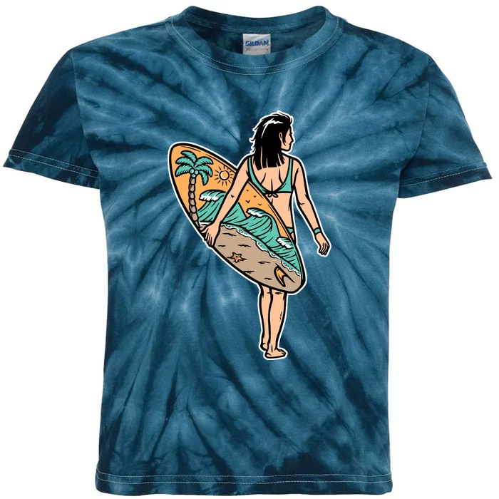 Beautiful Woman And Surfboard Holiday Gift Surf Kids Tie-Dye T-Shirt