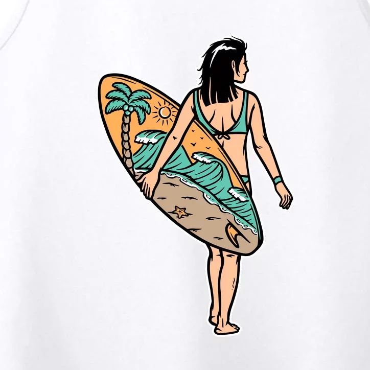 Beautiful Woman And Surfboard Holiday Gift Surf Performance Tank