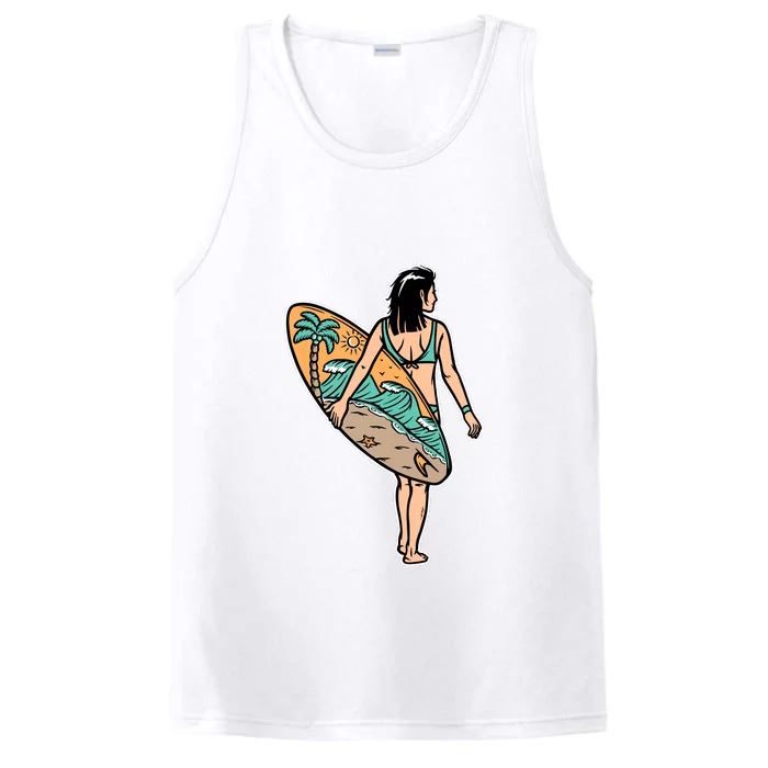 Beautiful Woman And Surfboard Holiday Gift Surf Performance Tank