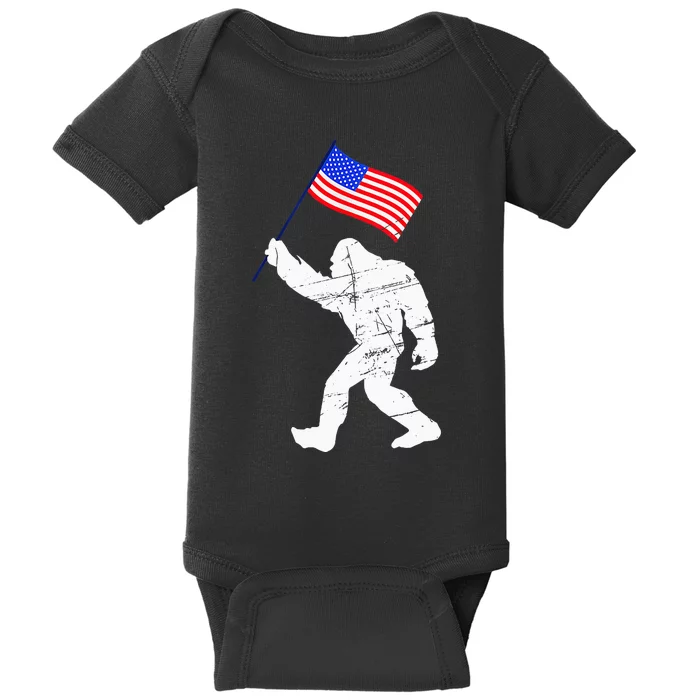 Bigfoot With American Flag Funny 4th Of July Sasquatch Baby Bodysuit