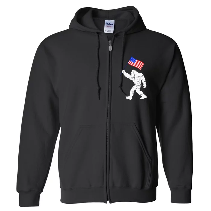 Bigfoot With American Flag Funny 4th Of July Sasquatch Full Zip Hoodie