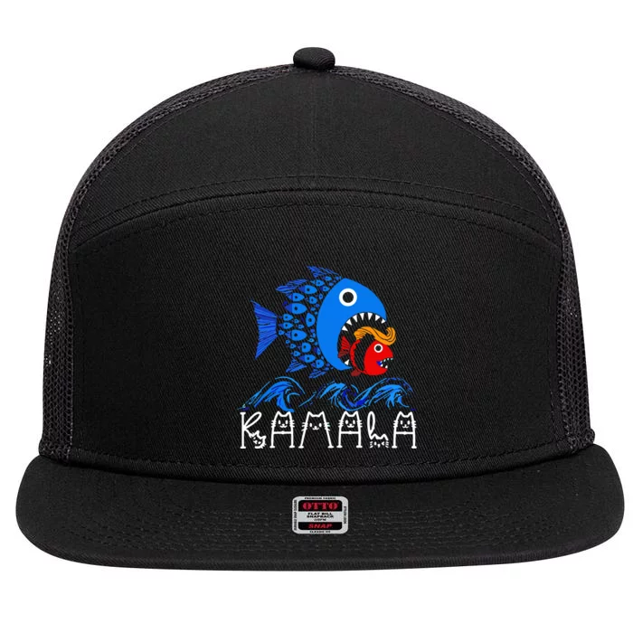 Blue Wave Big Fish Eats Small Fish Kamala 7 Panel Mesh Trucker Snapback Hat