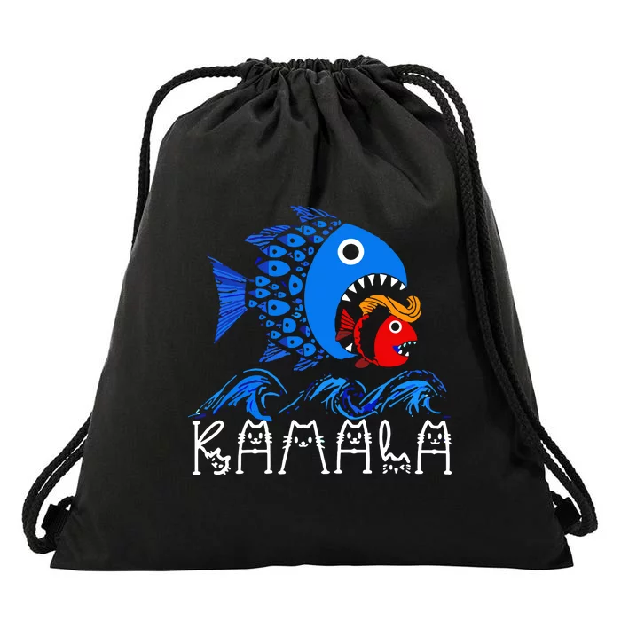 Blue Wave Big Fish Eats Small Fish Kamala Drawstring Bag