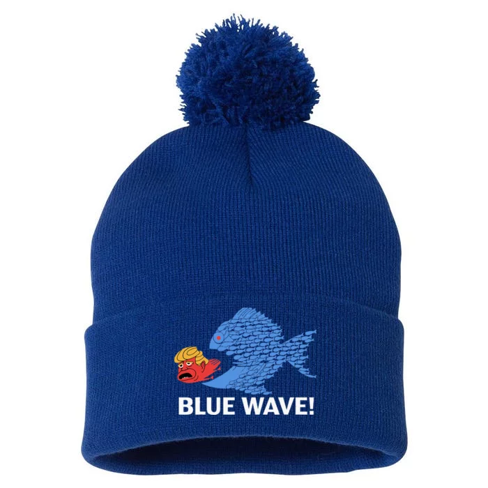 Blue Wave Big Fish Eat Little Fish Trump Hair Pom Pom 12in Knit Beanie