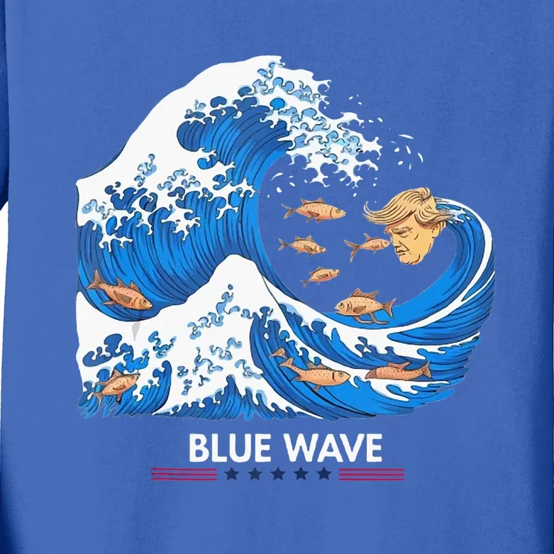 Blue Wave Big Fish Eat Little Fish Trump Hair Kids Long Sleeve Shirt