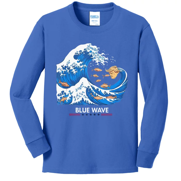 Blue Wave Big Fish Eat Little Fish Trump Hair Kids Long Sleeve Shirt