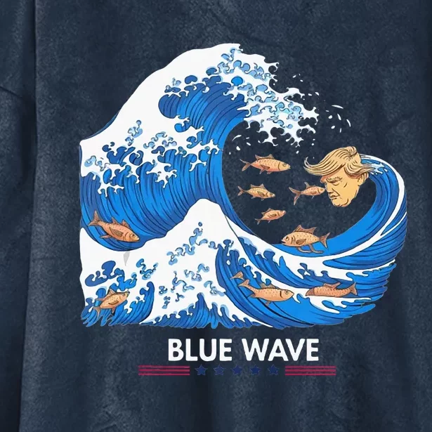 Blue Wave Big Fish Eat Little Fish Trump Hair Hooded Wearable Blanket