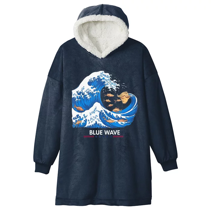 Blue Wave Big Fish Eat Little Fish Trump Hair Hooded Wearable Blanket