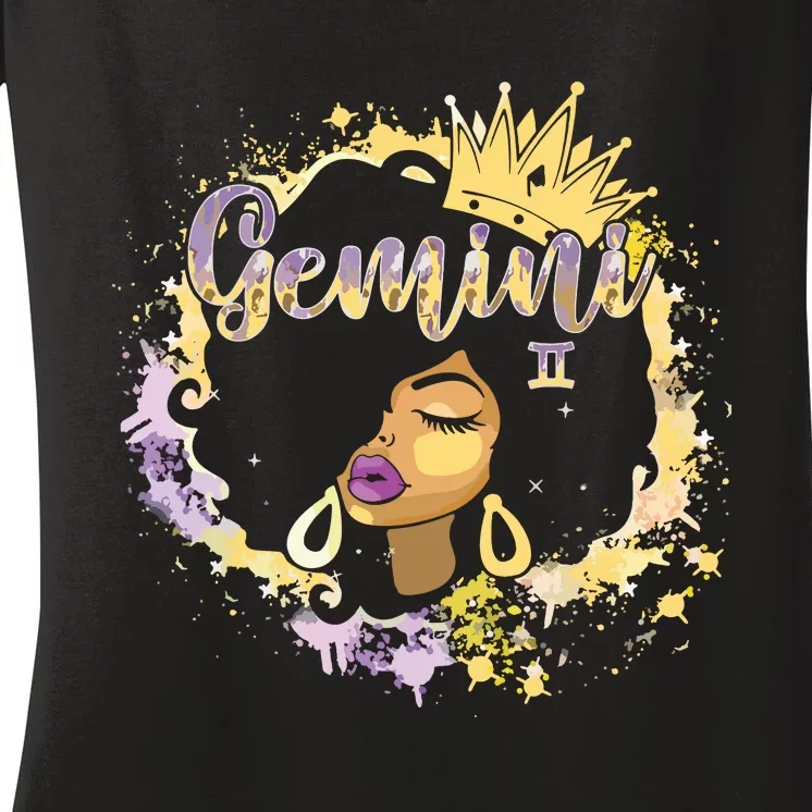 Black Women Birthday Melanin Girl Gemini Queen Women's V-Neck T-Shirt