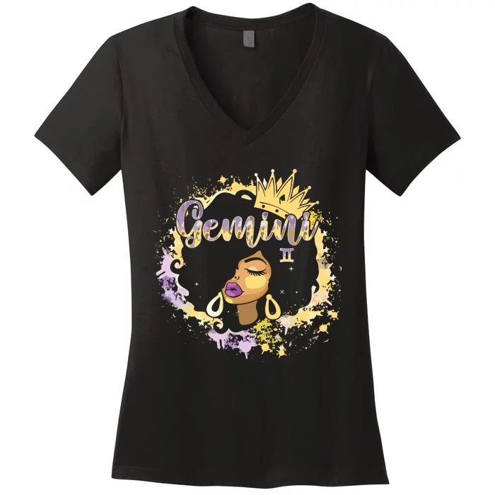 Black Women Birthday Melanin Girl Gemini Queen Women's V-Neck T-Shirt