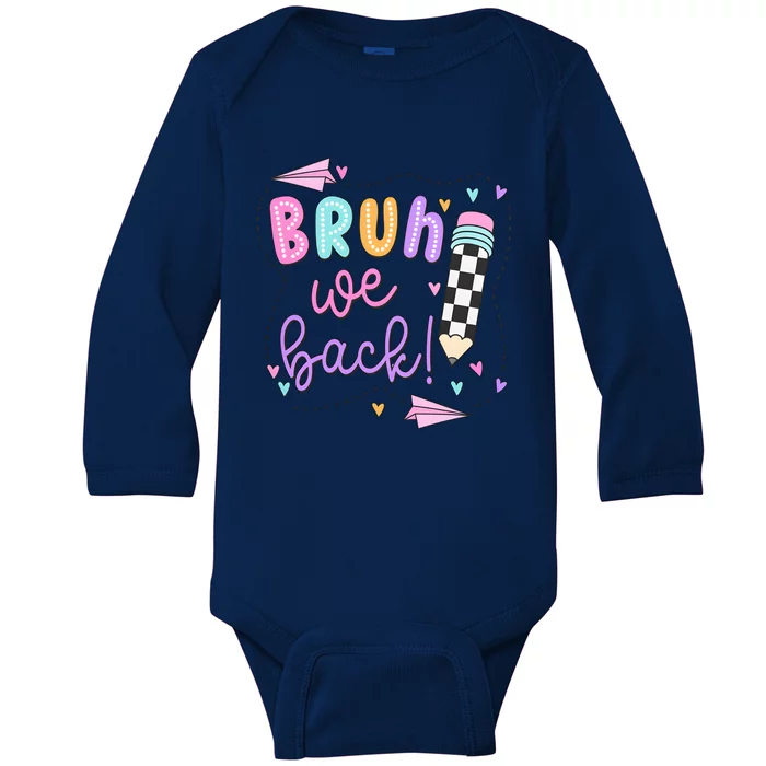 Bruh We Back Teacher Checkered Pencil Baby Long Sleeve Bodysuit