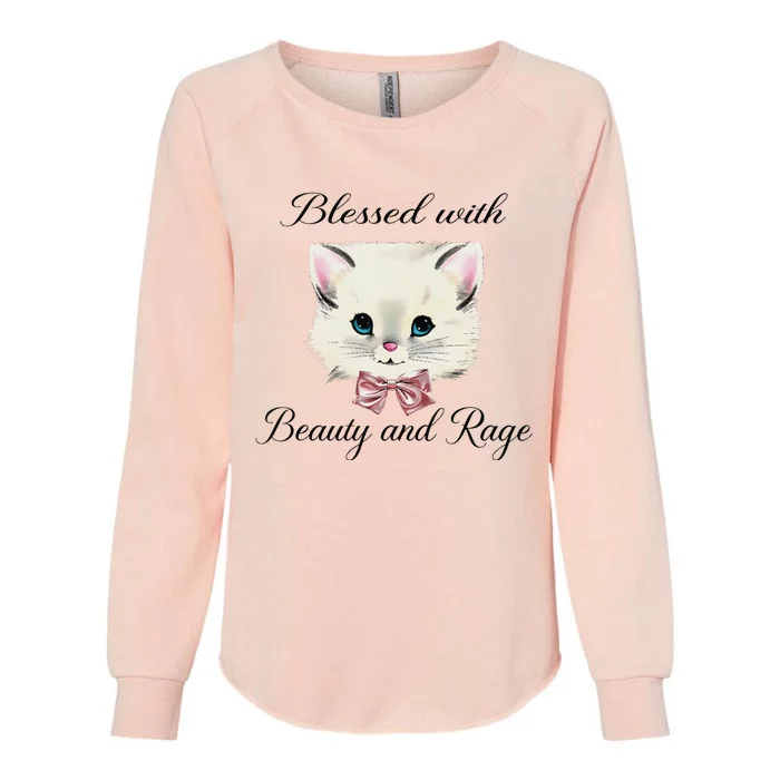 Blessed With Beauty And Rage Cute Lovely Cat Face Ribbon Womens California Wash Sweatshirt