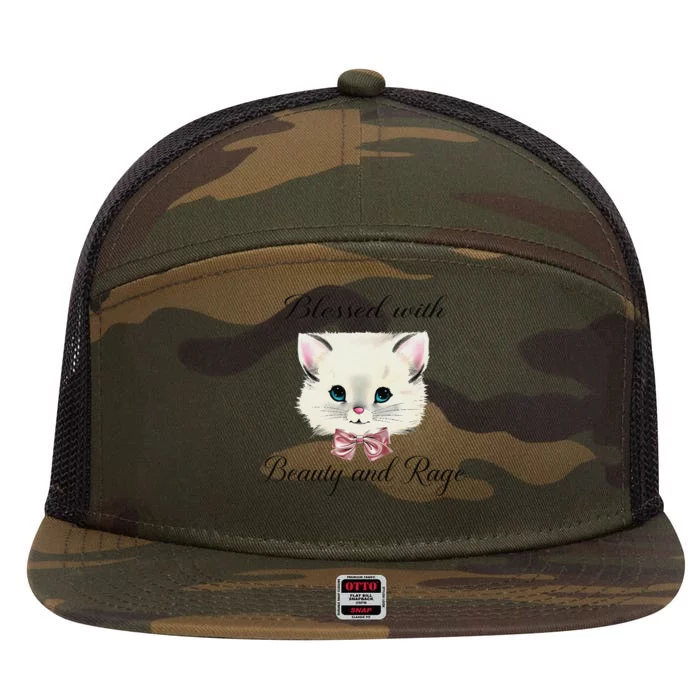 Blessed With Beauty And Rage Cute Lovely Cat Face Ribbon 7 Panel Mesh Trucker Snapback Hat