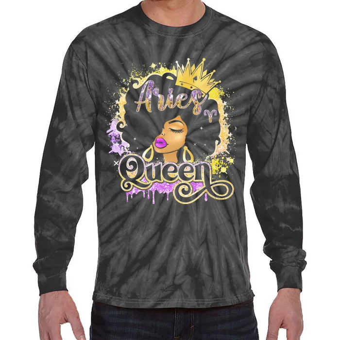 Black Wo Birthday Melanin Aries Queen Tie-Dye Long Sleeve Shirt