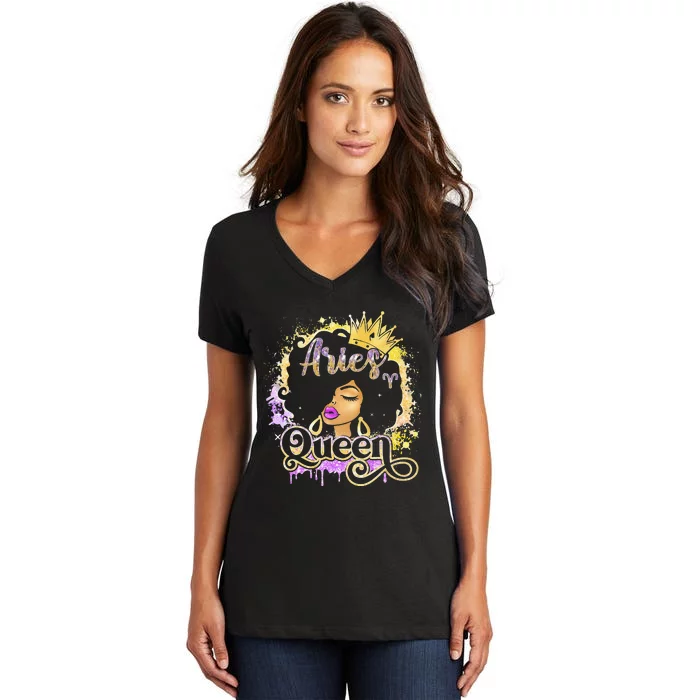 Black Wo Birthday Melanin Aries Queen Women's V-Neck T-Shirt