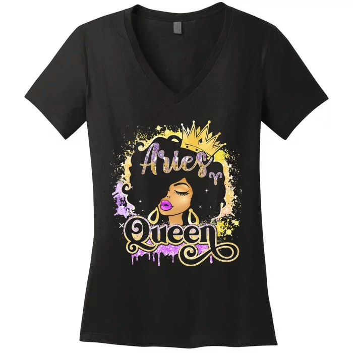 Black Wo Birthday Melanin Aries Queen Women's V-Neck T-Shirt