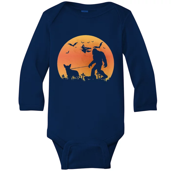 Bigfoot Walking Chiwawa Dog Moon Sasquatch Halloween Dog Gift Baby Long Sleeve Bodysuit