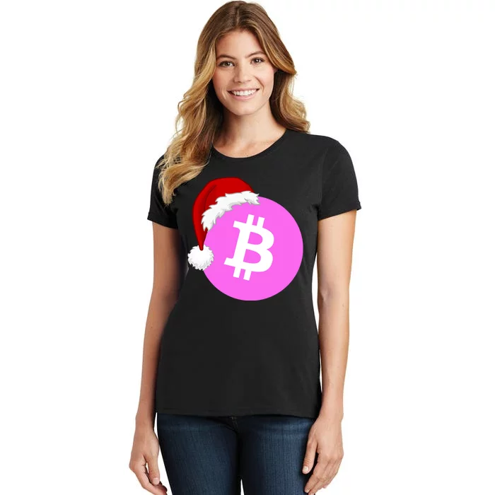 Bitcoin With Christmas Hat Funny Bitcoin Crypto Funny Bitcoin With Santa Hat Women's T-Shirt