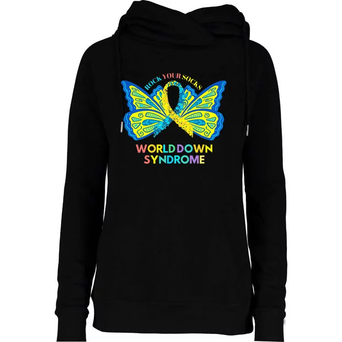 Butterfly World Down Syndrome Day Rock Your Socks Awareness Womens Funnel Neck Pullover Hood