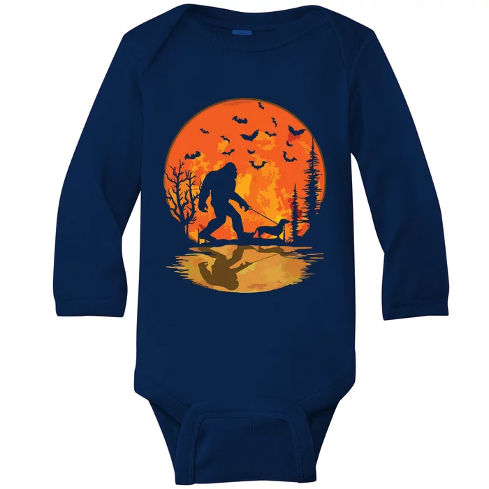 Bigfoot Walking Dachshund Funny Wiener Dog Halloween Baby Long Sleeve Bodysuit