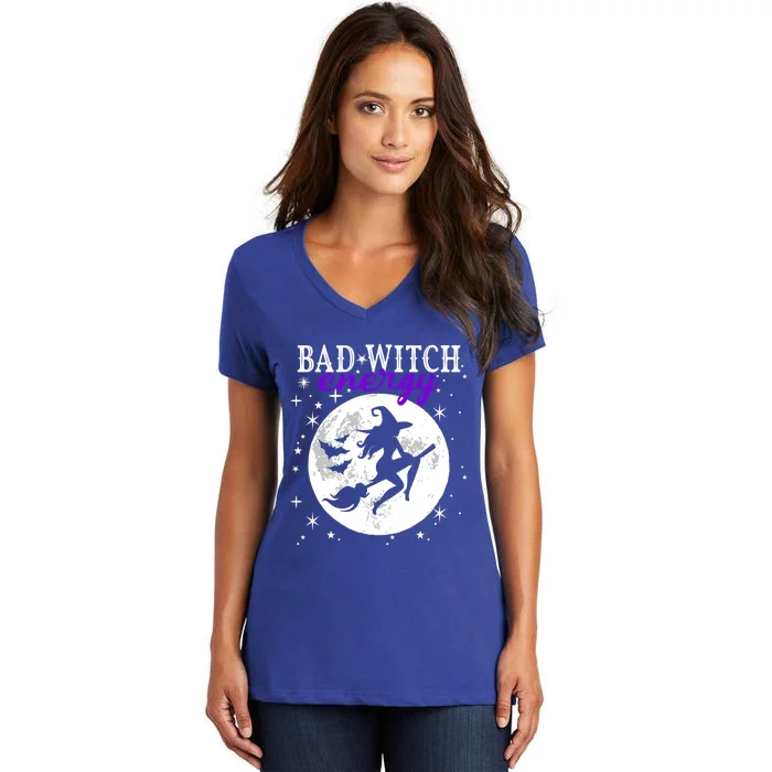 Bad Witch Energy Magic Moon And Stars And Bats Halloween Funny Gift Women's V-Neck T-Shirt