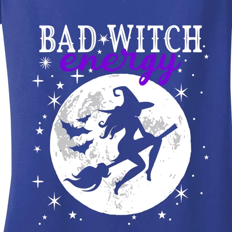 Bad Witch Energy Magic Moon And Stars And Bats Halloween Funny Gift Women's V-Neck T-Shirt