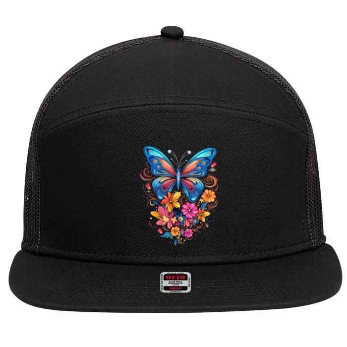 Butterfly With Flowers I Aesthetic Butterfly 7 Panel Mesh Trucker Snapback Hat