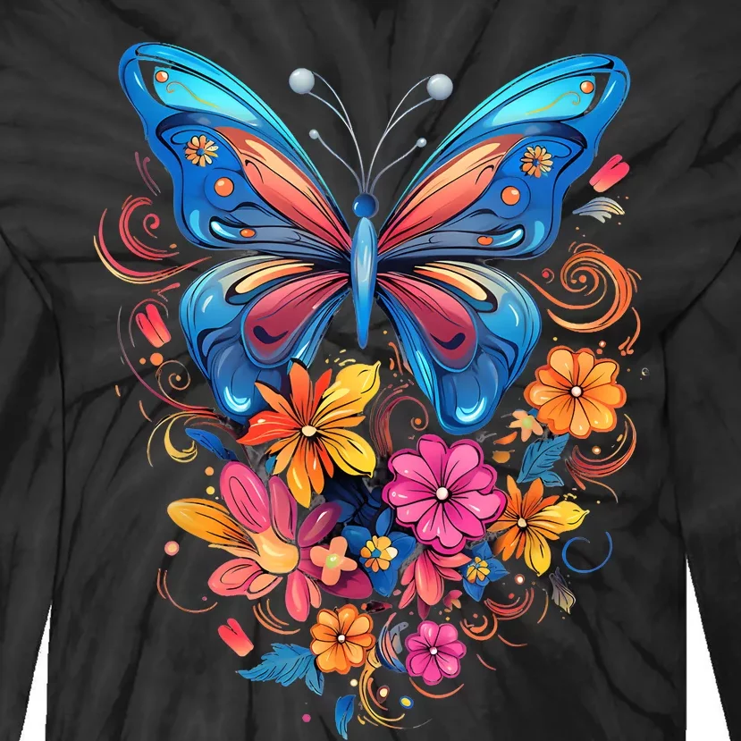 Butterfly With Flowers I Aesthetic Butterfly Tie-Dye Long Sleeve Shirt