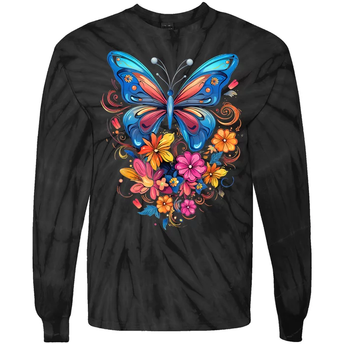 Butterfly With Flowers I Aesthetic Butterfly Tie-Dye Long Sleeve Shirt