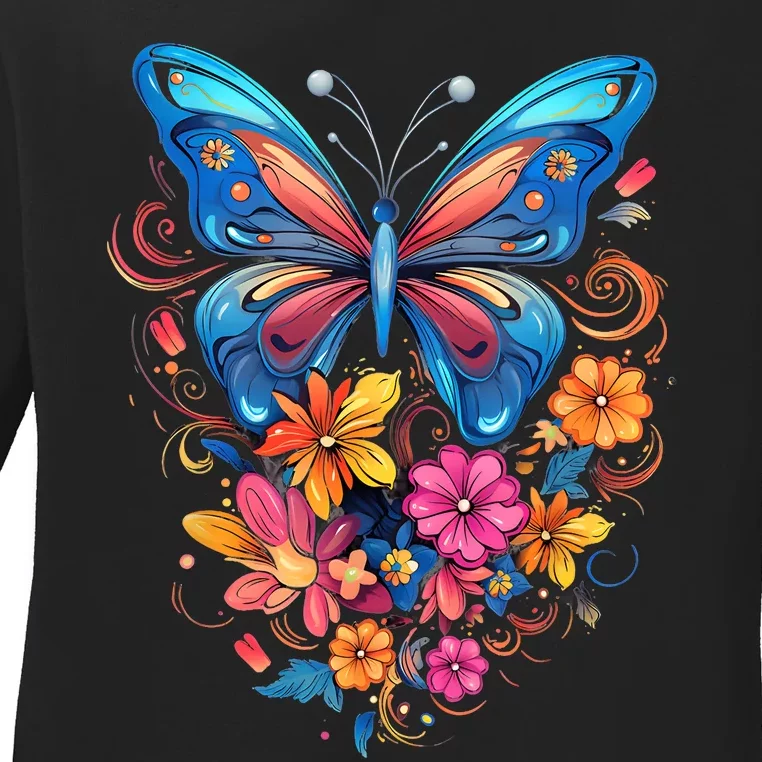 Butterfly With Flowers I Aesthetic Butterfly Ladies Long Sleeve Shirt