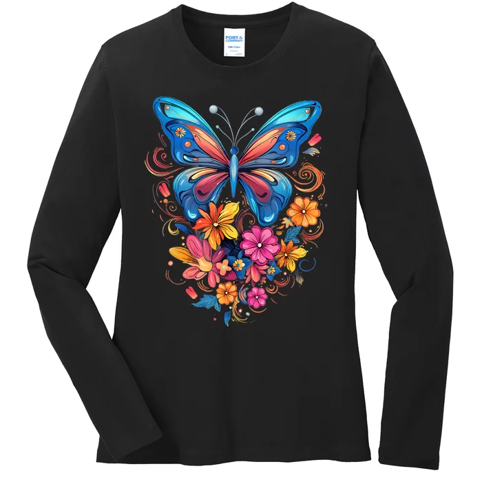 Butterfly With Flowers I Aesthetic Butterfly Ladies Long Sleeve Shirt