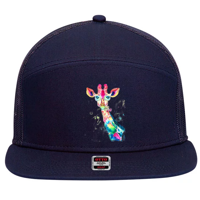 Bright Watercolor Giraffe Art Gift Design 7 Panel Mesh Trucker Snapback Hat