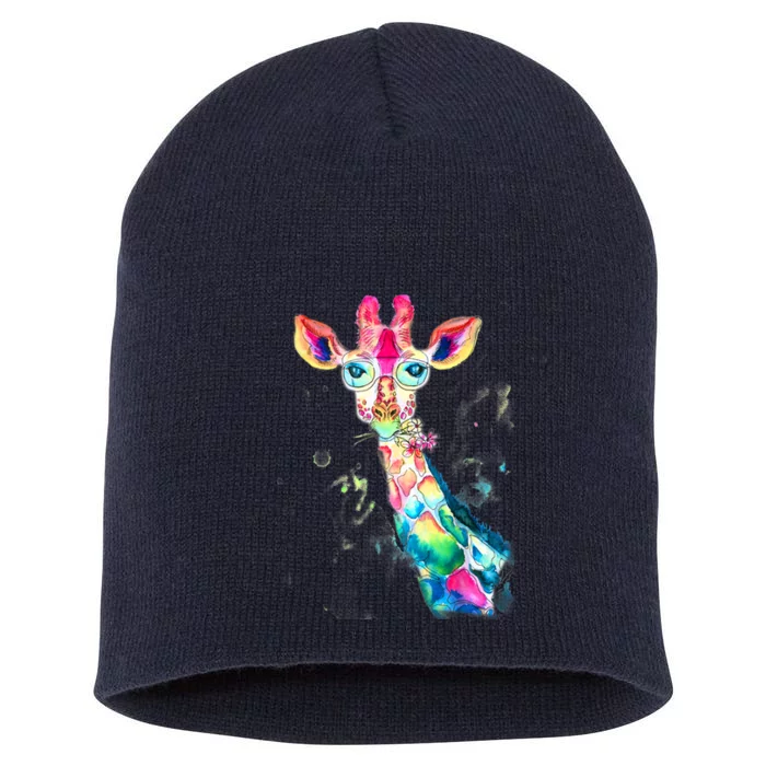 Bright Watercolor Giraffe Art Gift Design Short Acrylic Beanie