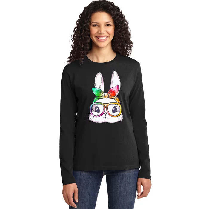 Bunny With Glasses rabbit Happy Easter Day Ladies Long Sleeve Shirt