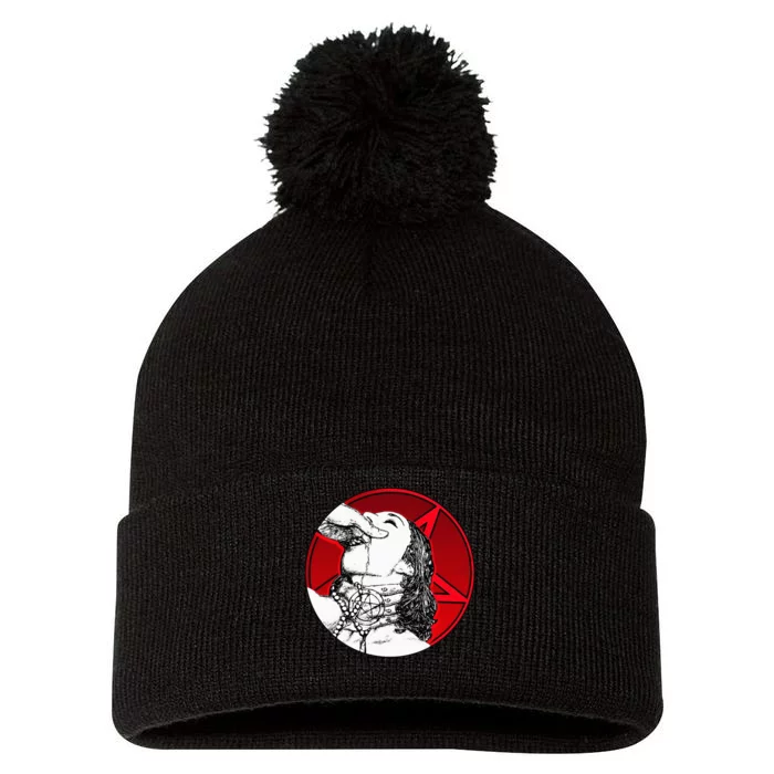 Baphomet With Girl Baphomet Occult Pom Pom 12in Knit Beanie