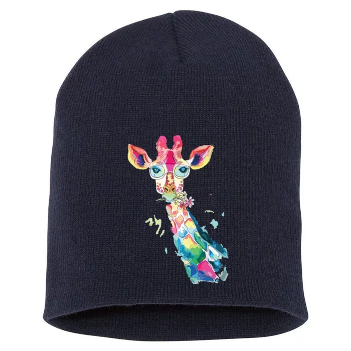 Bright Watercolor Giraffe Art Gift Design Short Acrylic Beanie