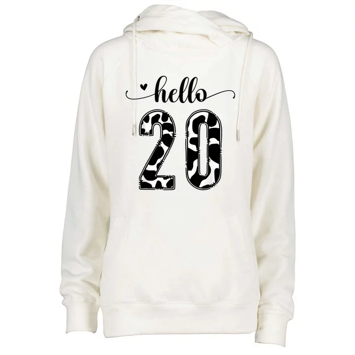 Black White Hello 20 Cow Print 20th Birthday Animal Pattern Womens Funnel Neck Pullover Hood