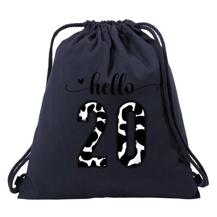 Black White Hello 20 Cow Print 20th Birthday Animal Pattern Drawstring Bag