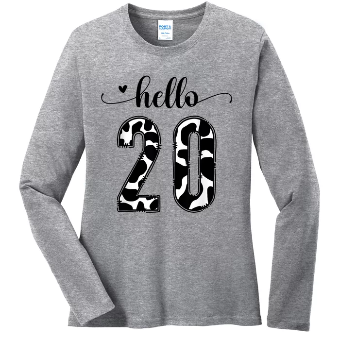 Black White Hello 20 Cow Print 20th Birthday Animal Pattern Ladies Long Sleeve Shirt