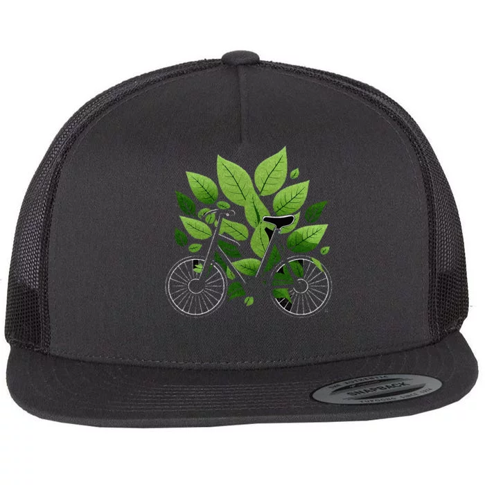 Biking Walking In Nature Bike Lover Black Bike Green Leaf Flat Bill Trucker Hat