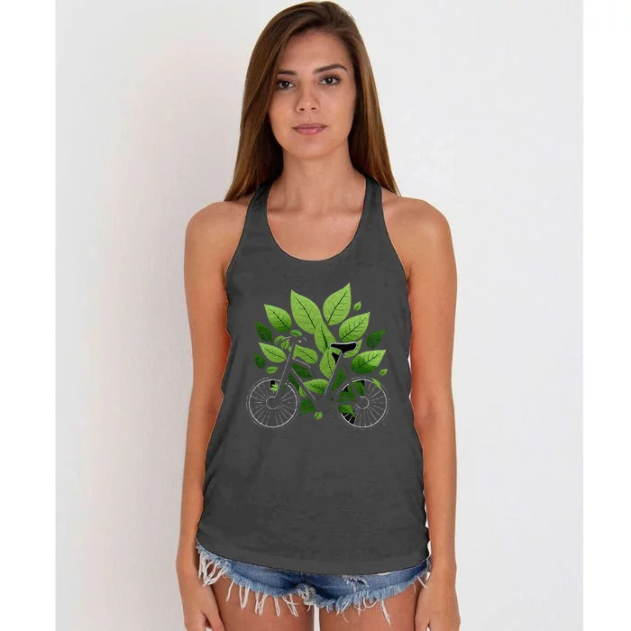 Biking Walking In Nature Bike Lover Black Bike Green Leaf Women's Knotted Racerback Tank