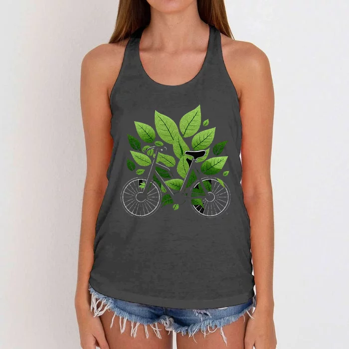 Biking Walking In Nature Bike Lover Black Bike Green Leaf Women's Knotted Racerback Tank