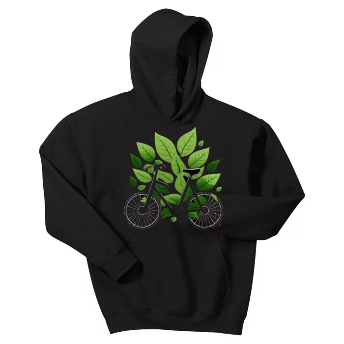 Biking Walking In Nature Bike Lover Black Bike Green Leaf Kids Hoodie