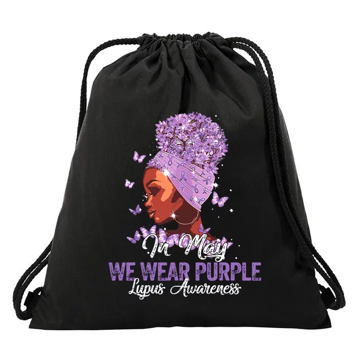 Black Women In May We Wear Purple Ribbon Lupus Awareness Drawstring Bag