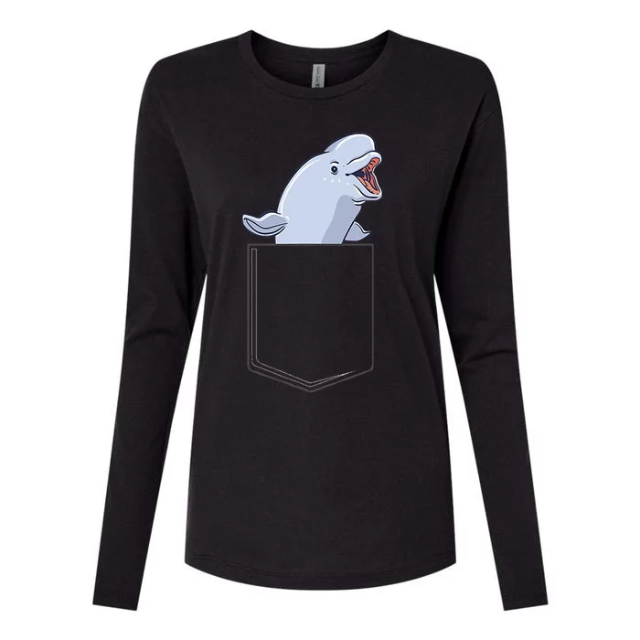 Beluga Whale In A Pocket Save The Whales Pocket Beluga Womens Cotton Relaxed Long Sleeve T-Shirt