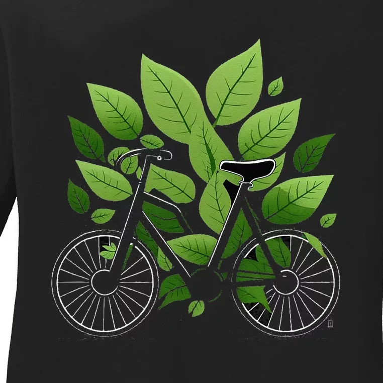 Biking Walking In Nature Bike Lover Black Bike Green Leaf Ladies Long Sleeve Shirt