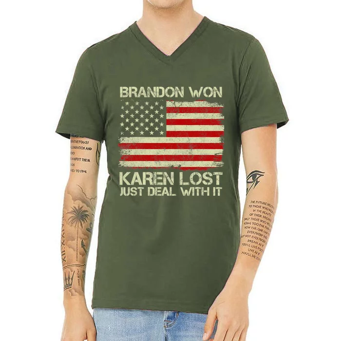 Brandon Won Karen Lost Just Deal With It USA Flag Biden V-Neck T-Shirt