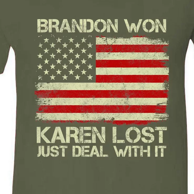 Brandon Won Karen Lost Just Deal With It USA Flag Biden V-Neck T-Shirt